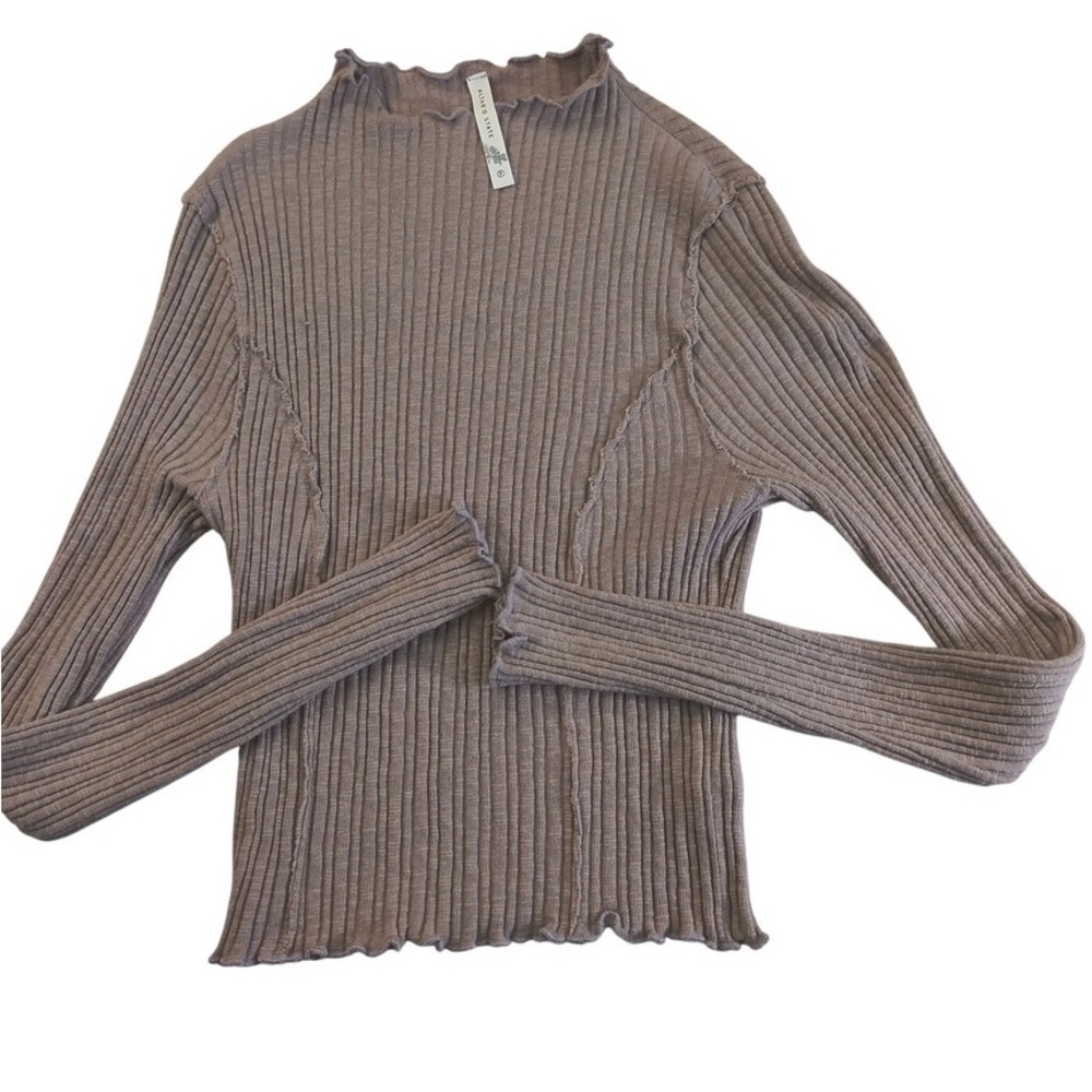 Ribbed Long Sleeve Mock Neck Top - Taupe